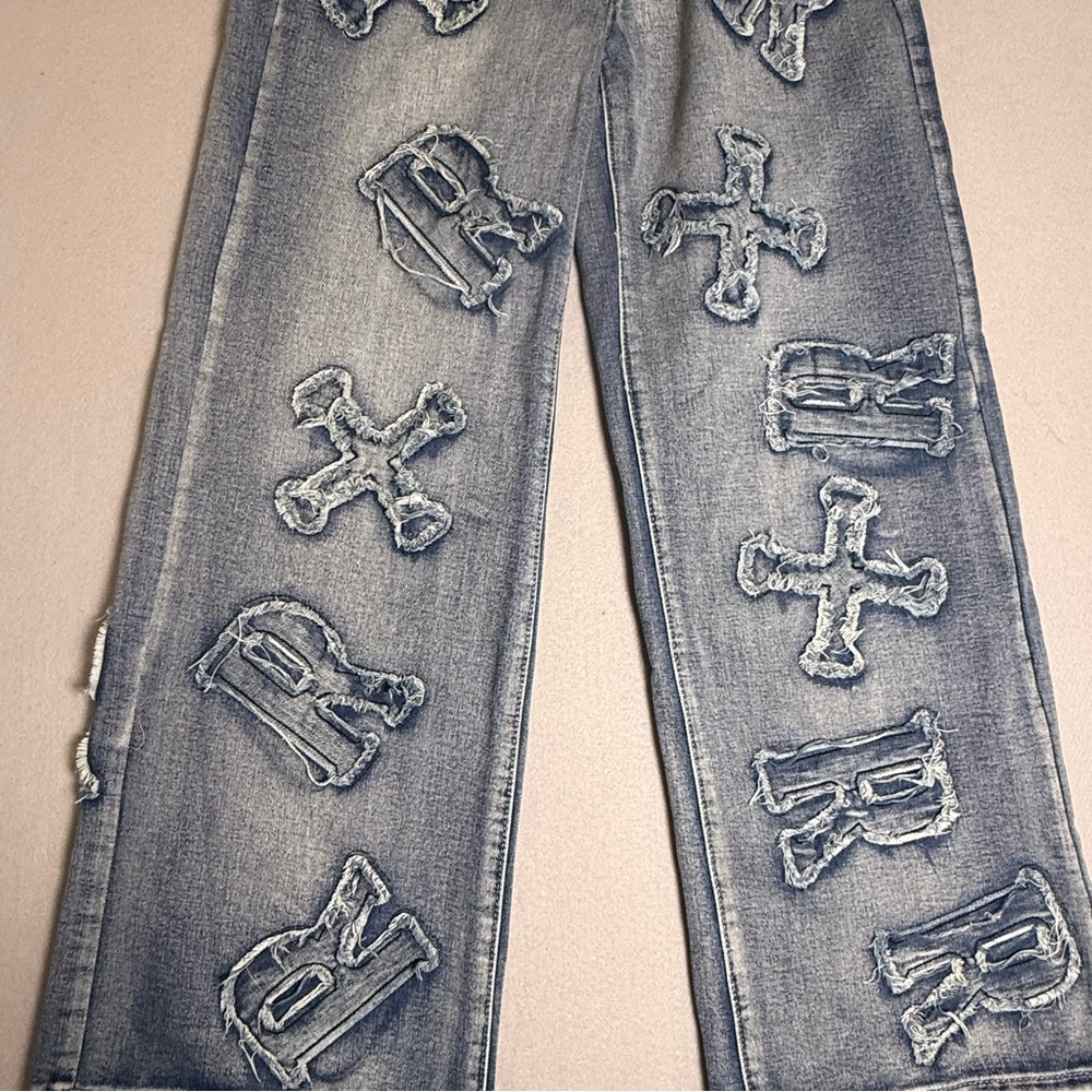 ROWME JEANS Patched Grunge Punk Letter Pattern Distressed Wide Leg Baggy 2 XS - Picture 5 of 11